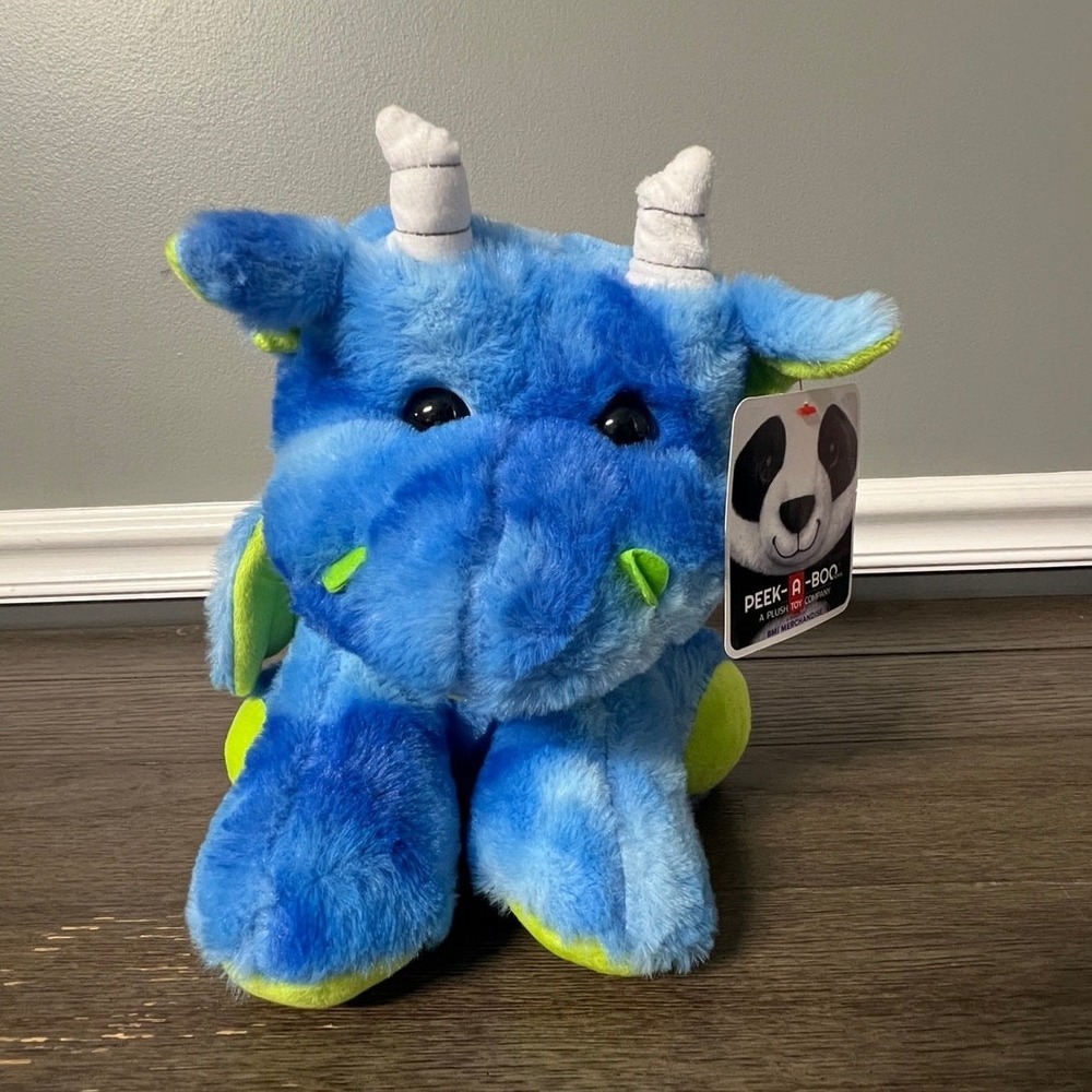 Peek-A-Boo Toys Blue Green Horned Flying Dinosaur Dragon Plush Stuffed Animal